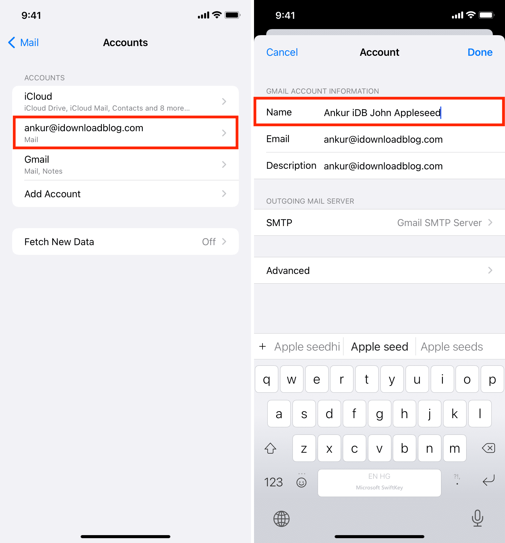 Cambiar el nombre para mostrar del correo electrónico para la aplicación Mail en iPhone