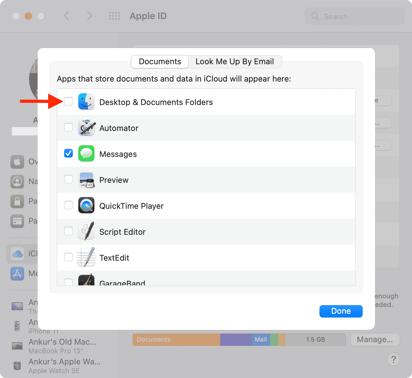 Carpetas de escritorio y documentos en las opciones de iCloud Drive en Mac