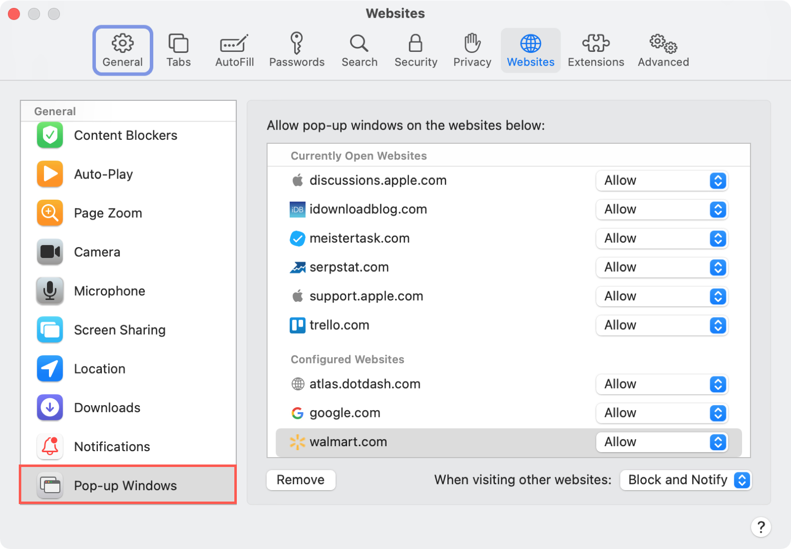 Preferencias de Safari, pestaña Sitios web, Configuración de ventanas emergentes en Mac