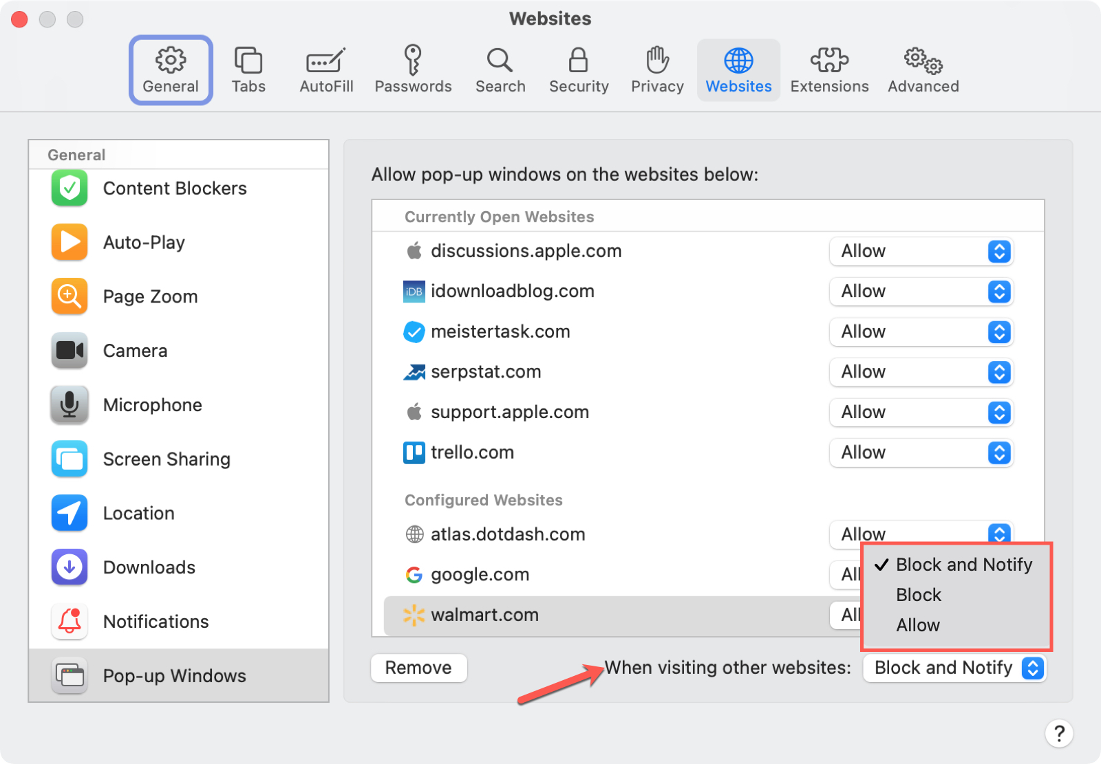Preferencias de Safari, pestaña Sitios web, Configuración global de ventanas emergentes en Mac