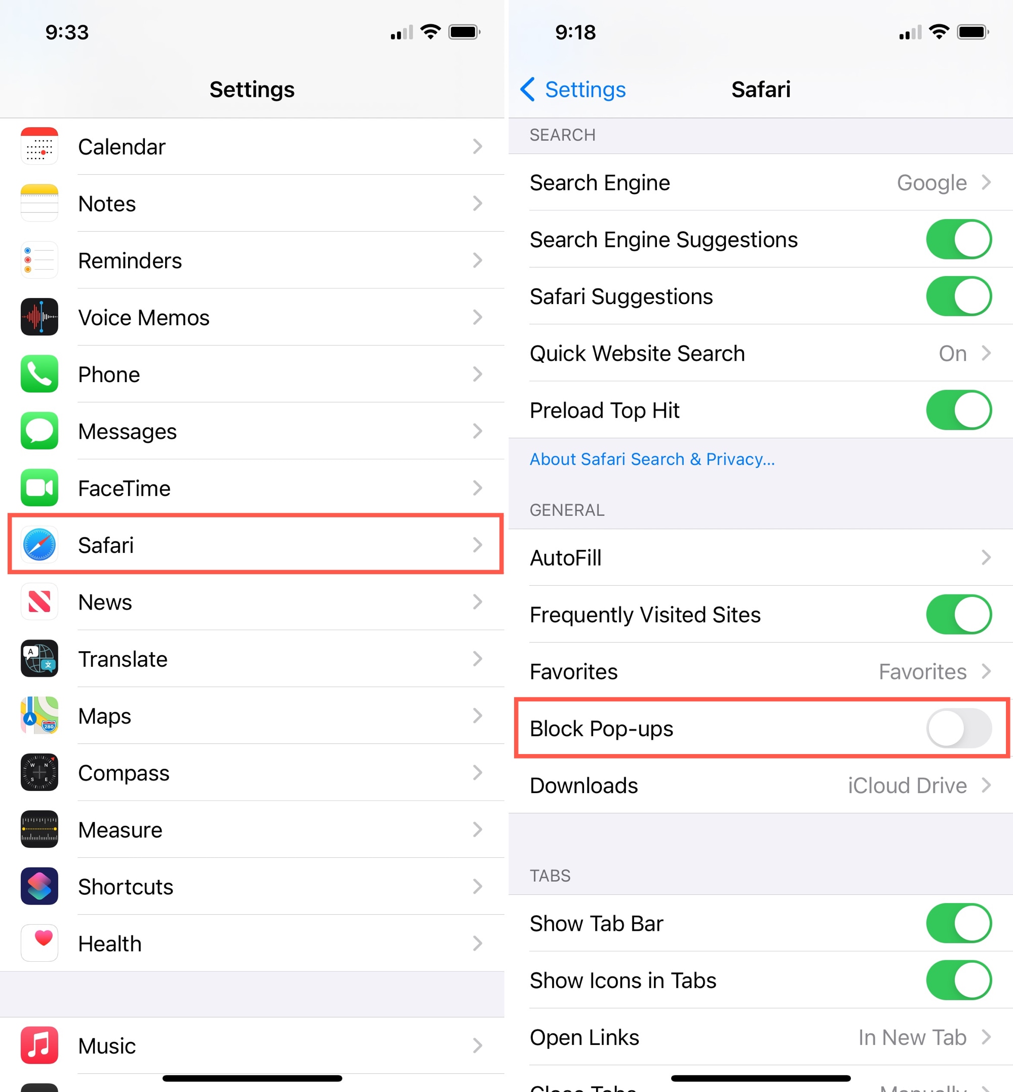 Configuración, Safari Desbloquear ventanas emergentes en iPhone