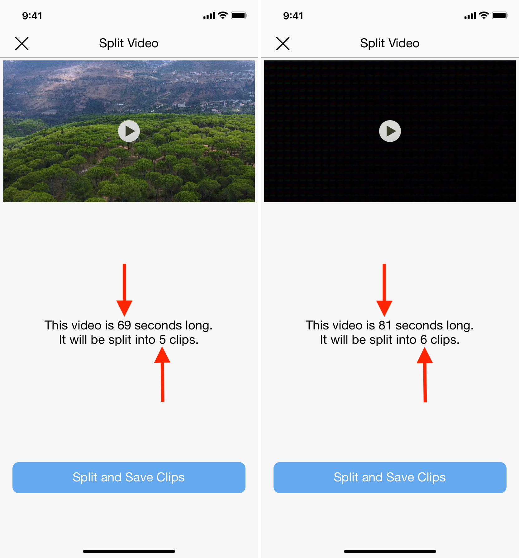 La aplicación Split Video divide correctamente el video en múltiples partes más pequeñas