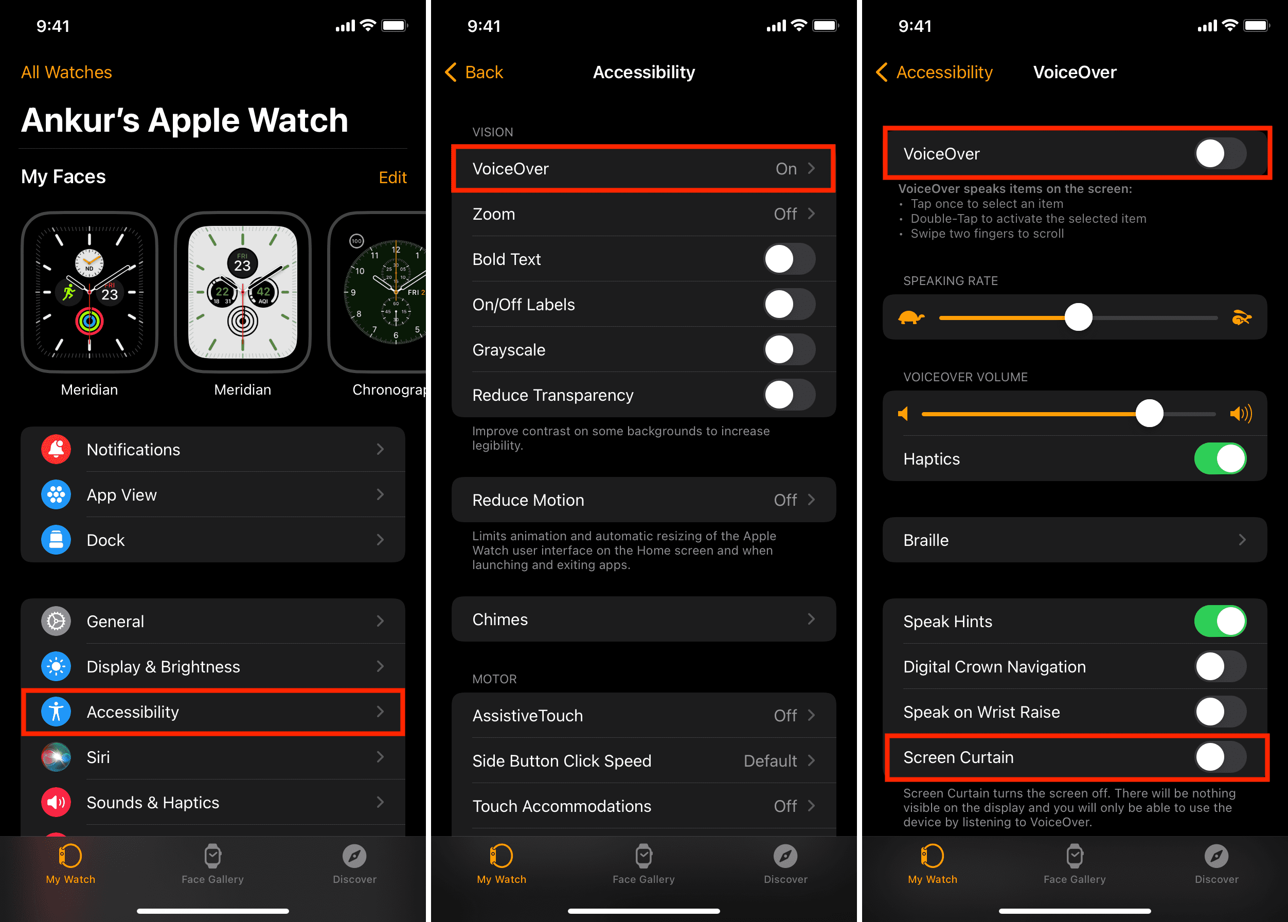 Desactivar VoiceOver y Cortina de pantalla en Apple Watch